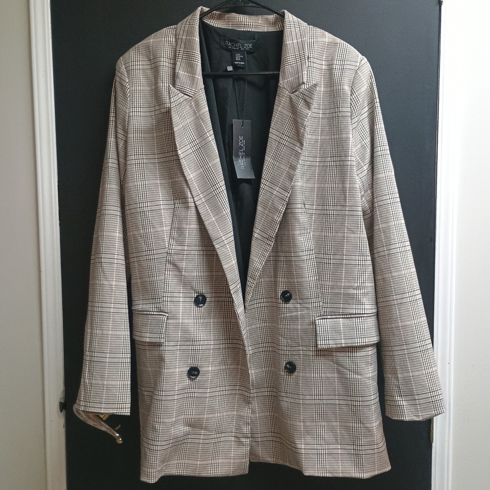 Rachel Zoe Plaid Lined Blazer Open Front Pockets Long Size XL